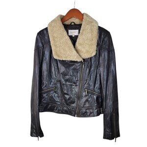 Laundry By Shelli Segal Brown Leather Moto Jacket Medium Flight Bomber Fur Trim
